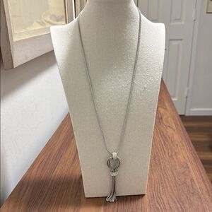 Vintage Vince Camuto Silver Tone Signed Tassel Necklace With Rhinestone Accents.